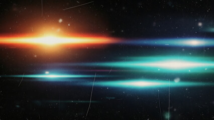 A vibrant abstract background featuring warm and cool light flares with vintage film grain texture
