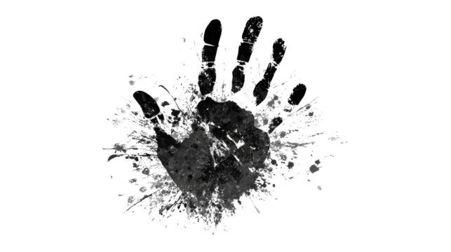 Black hand silhouette print with splatter effect background isolated on a Transparent background, PNG file. - Powered by Adobe