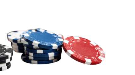 A handful of casino chips spilling out isolated on a Transparent background, PNG file.