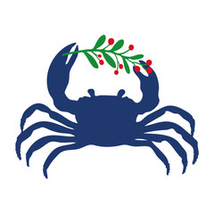 Logo con silueta de cangrejo con rama de muérdago para tarjetas y felicitaciones de Navidad
