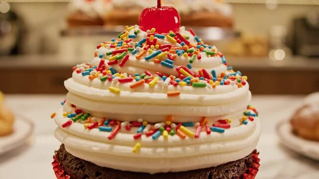 Delicious Chocolate Cupcake with Creamy Frosting and Colorful Sprinkles.