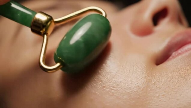 Facial Massage with Jade Roller - A Close-Up Beauty Treatment.
