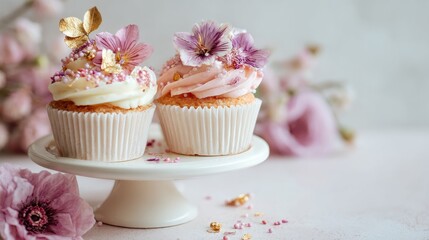 Two festive cupcakes on a stand adorned with flowers and sprinkles, symbolizing celebration and sweet indulgence for Mothers Day.