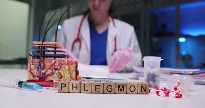 Woman doctor compares test results to symptoms of patient. Cubes forming Phlegmon rest neatly near model representing structure of human hair