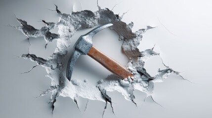 Hammer Breaking Through Wall with Cracks and Concrete Texture Detail