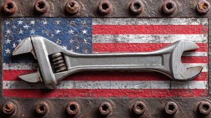 Vintage Adjustable Wrench on Rustic American Flag Background