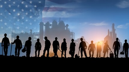 Silhouetted Workers Against American Flag and Industrial Skyline at Sunset