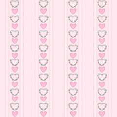 A delicate seamless pattern featuring vertical stripes composed of alternating plain pink hearts and small floral leaf garland hearts on a pale pink background. For Valentine’s Day , wedding, girl 