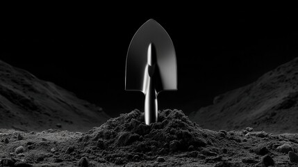 Shovel Positioned on Dark Soil in Monochrome Setting with Shadows