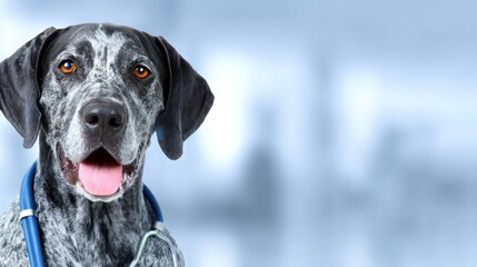 Gray Dog with Stethoscope in Veterinary Clinic Setting, Happy Expression