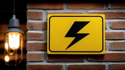 Bright Warning Sign with Lightning Symbol on Brick Wall Background