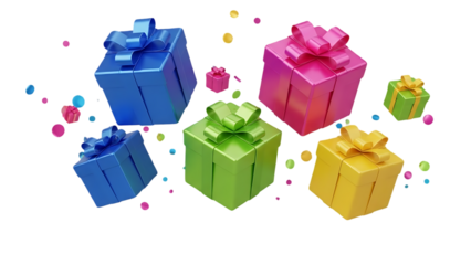 Colorful gift boxes isolated on transparent background with confetti