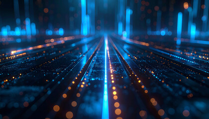 Digital Data Stream: A mesmerizing visual of a data stream flowing with vivid blue and orange lights, symbolizing the complex world of information and technology.