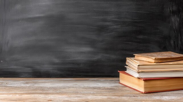 Vintage Books on a Wooden Surface with Black Chalkboard Background - Powered by Adobe