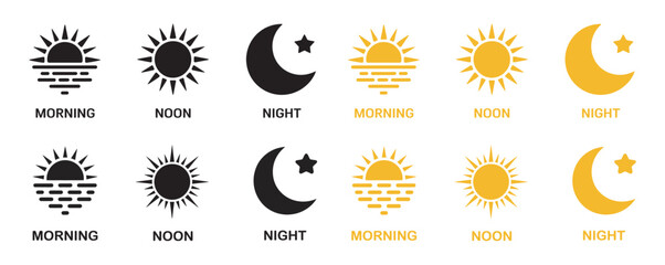 Obraz premium Morning Noon Night Celestial Icon Set, Sun Moon Weather Time Graphic, vector illustration 