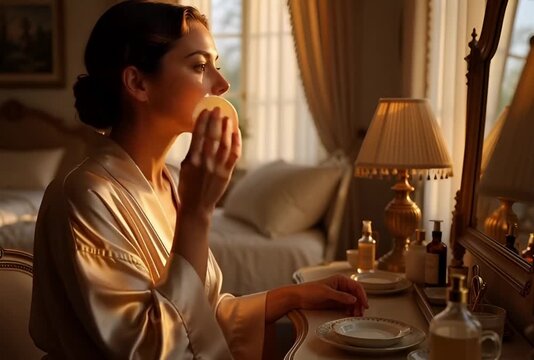Elegant young woman applying toner with cotton pad to her face during a morning beauty routine, sitting at a vintage vanity table in a sunlit bedroom wearing a silk robe