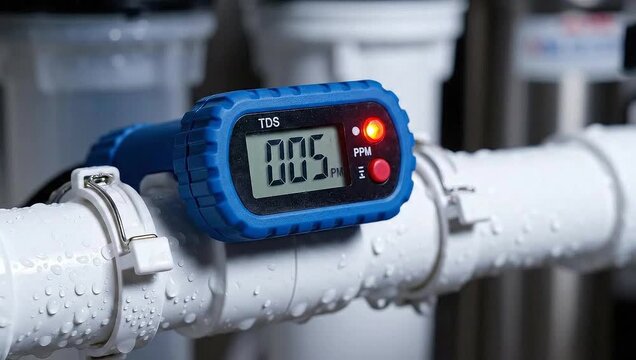 TDS Meter on Water Pipe - Measuring Water Quality.