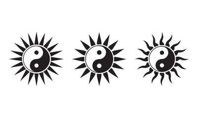 Yin Yang Sun Symbol Set, Balance Harmony Spiritual Graphic Tattoo, vector illustration 