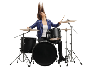 Energetic female drummer mid-performance with dynamic hair movement isolated on transparent