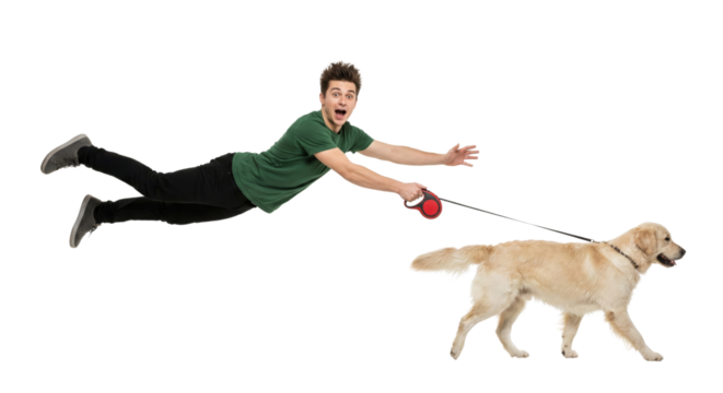 Surprised young man pulling playful golden retriever on a leash isolated on a transparent background - Powered by Adobe