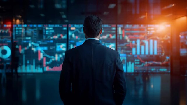 Business Executive Reviewing Real Time Data Dashboards on Large Screens Inside Control Room Showing Analytics and Decision Making