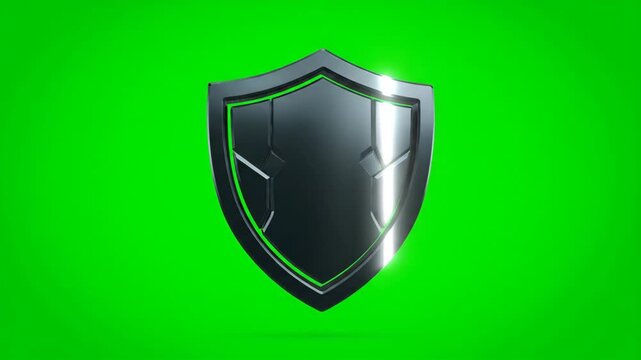 Futuristic Metallic Shield Rendered on Vibrant Greenscreen Background, Sci-Fi Emblem with Reflective Surface