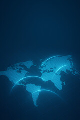 Digital world map with glowing connection arcs, global network and international data communication technology background
