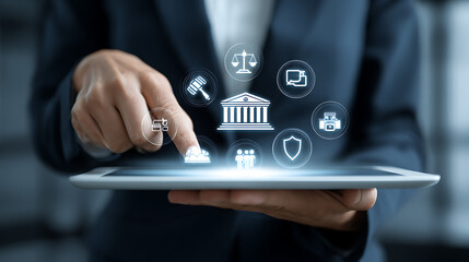 Person interacting with digital legal icons on tablet business technology