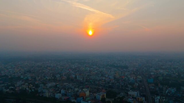 Top down Buildings and Apartment with Multiple Building aerial. Urban Buildings and Apartment at bridge road at Delhi. Cinematic cityscape drone shot. Noida Buildings.