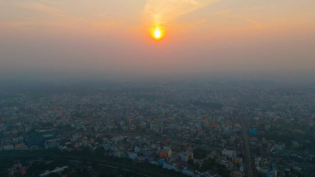 Top down Buildings and Apartment with Multiple Building aerial. Urban Buildings and Apartment at bridge road at Delhi. Cinematic cityscape drone shot. Noida Buildings.