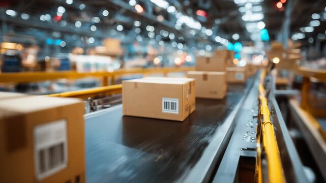 Cardboard box package moving on an automated conveyor belt through modern warehouse distribution center dynamic view of supply chain logistics for efficient shipping