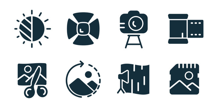 Photography and editing excellent icon collection. Set of brightness sun, shutter, magic wand, flash, crop image, rotate image, studio backdrop, and memory card icons