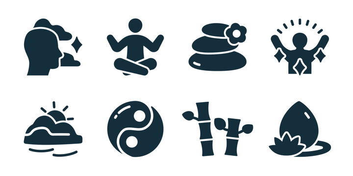 Zen harmony excellent icon collection. Set of mindful head, meditation pose, stones, radiant person, sunrise, yin yang, bamboo, and lotus water icons