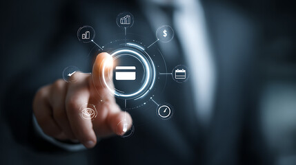 Person interacting with financial technology interface displaying credit card and business icons finance