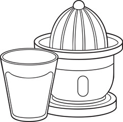Manual citrus juicer line art with glass of fresh juice illustrating healthy kitchen habits and lifestyle themes