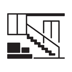Simple black and white illustration of a staircase inside a building