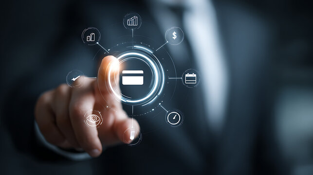 Person interacting with financial technology interface displaying credit card and business icons finance - Powered by Adobe