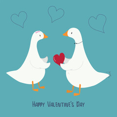 Cute Goose Couple with Heart Happy Valentine s Day Vector Illustration. Perfect for greeting cards, love posters, holiday designs, social media, prints