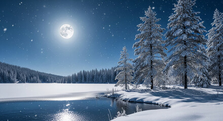 Winter landscape with snowy trees, frozen lake, and moon. Represents calmness, purity, and winter solstice, perfect for seasonal themes or serene concepts