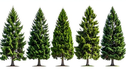Five evergreen trees of varying fullness and needle density against a white backdrop