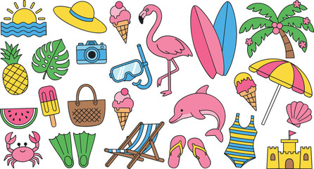 Hand-drawn illustration bundle depicting travel and seaside fun with accessories like a sun hat, camera, watermelon, pineapple, and flippers, perfect for children's projects. © Mst