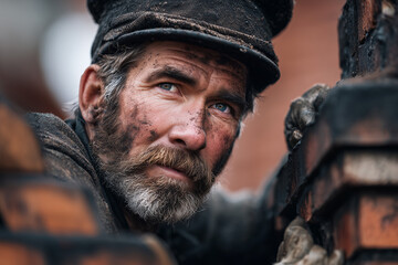 Fototapeta premium Rooftop Chimney Sweep at Work — Skilled Tradesman Portrait