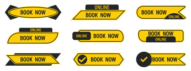 Yellow book now buttons with online tags and icons. Modern shapes highlight call to action elements