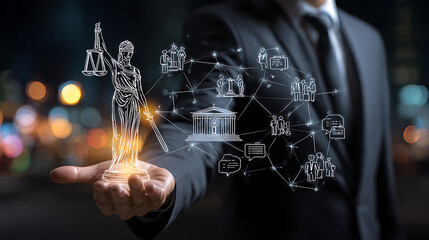 Person presenting Lady Justice symbol connected to legal network business court