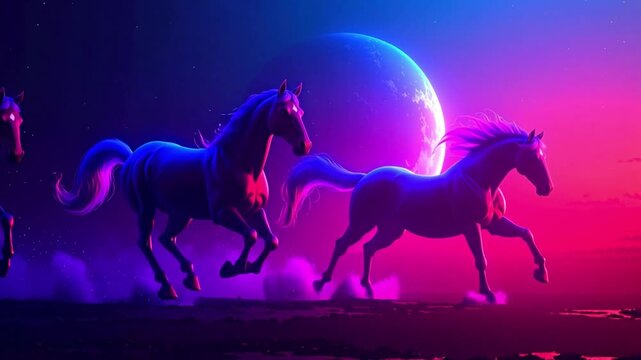 Wild horses galloping through a purple moonlit world　紫に光を帯びた月夜の世界を駆ける野生の馬たち