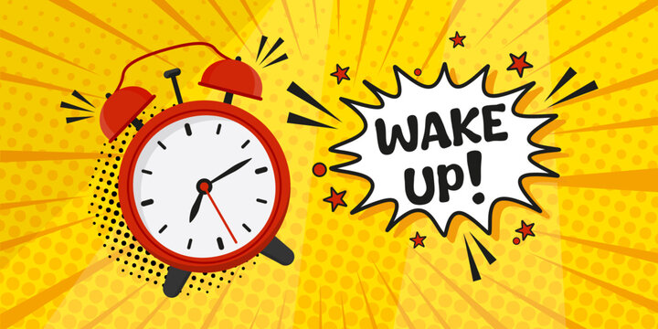 Bright comic style illustration featuring a ringing alarm clock. Bold yellow background and star accents create energetic movement