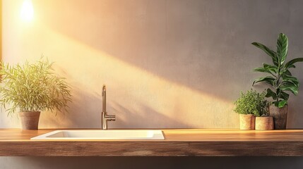 Sunlight streams on modern kitchen counter with sink and potted plants.