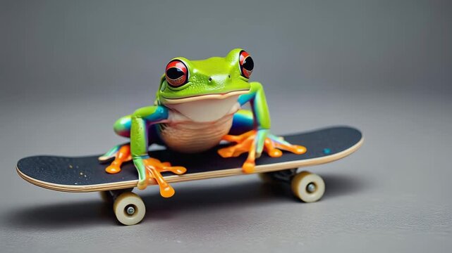 Vibrant tree frog on miniature skateboard a playful and unique perspective on amphibian life dynamic footage showcases its detailed colorful skin and expressive eyes animal green frog