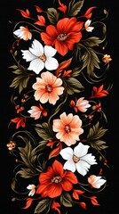 Vibrant Floral Pattern with Red and White Flowers on Black Background