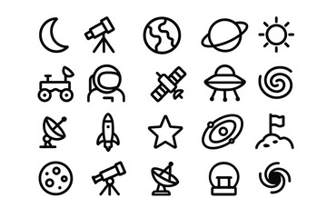 Fototapeta premium Space icons set: telescopes, planets, astronaut, rocket, ufo, moon, earth designs.